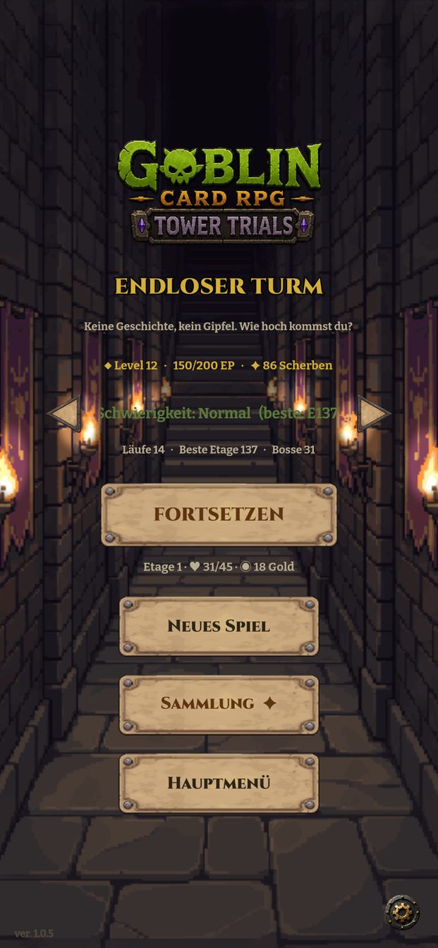 Das Menü des Endlosen Turms mit Level, Scherben und bester Ebene
