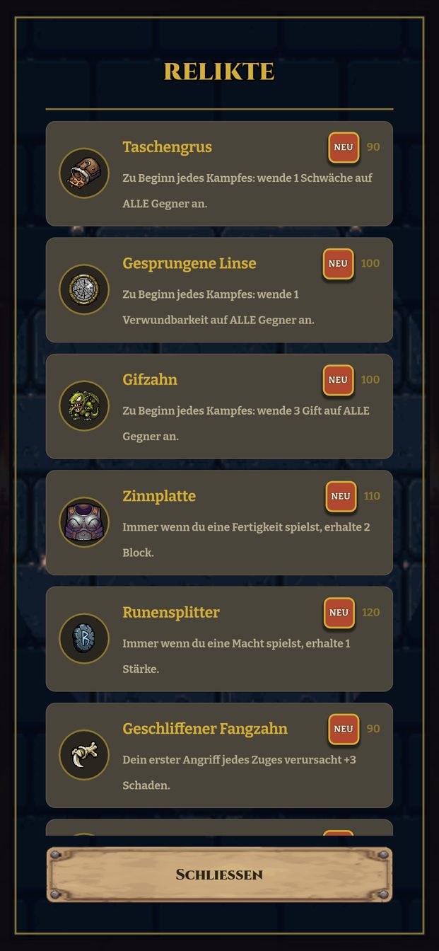 Der Relikte-Bildschirm mit den neuen Pixel-Symbolen
