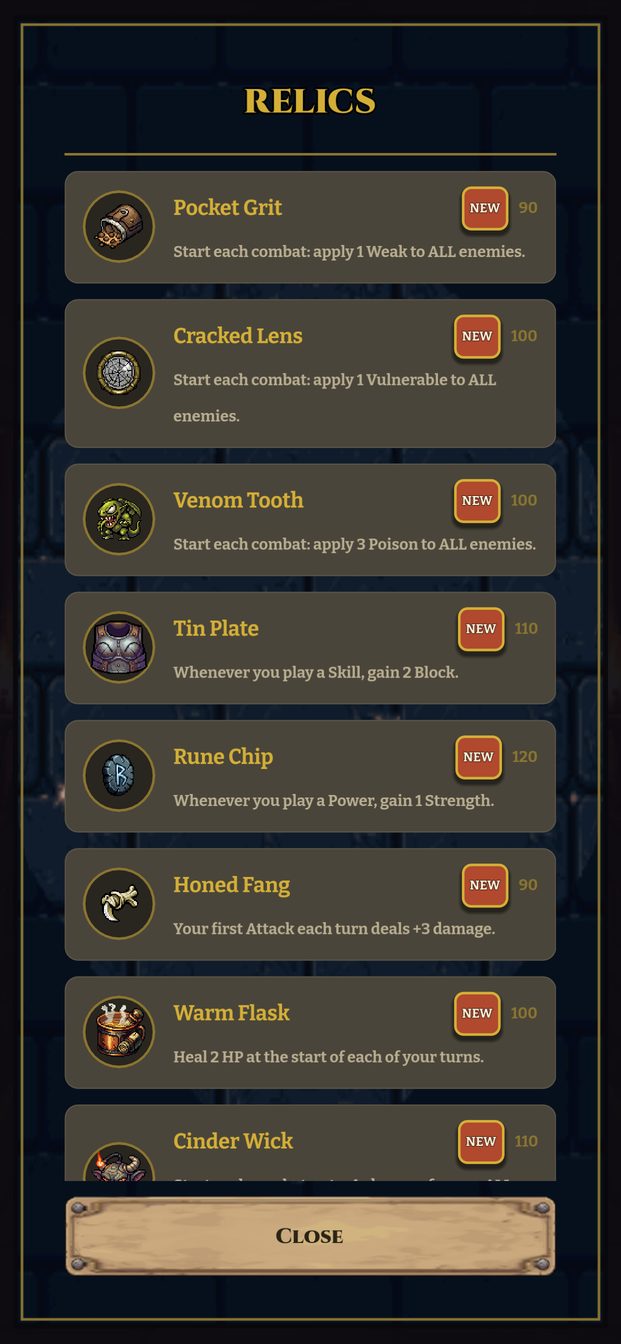 The Relics screen with the new pixel icons