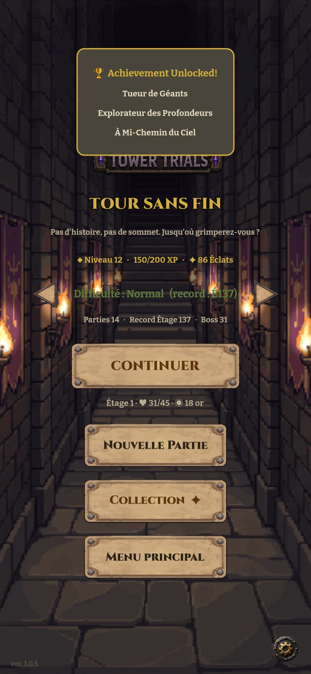 Le menu de la Tour sans fin avec le niveau, les Éclats et le meilleur étage