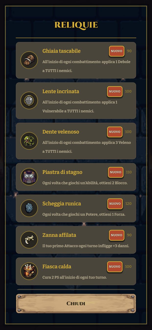 La schermata delle Reliquie con le nuove icone pixel