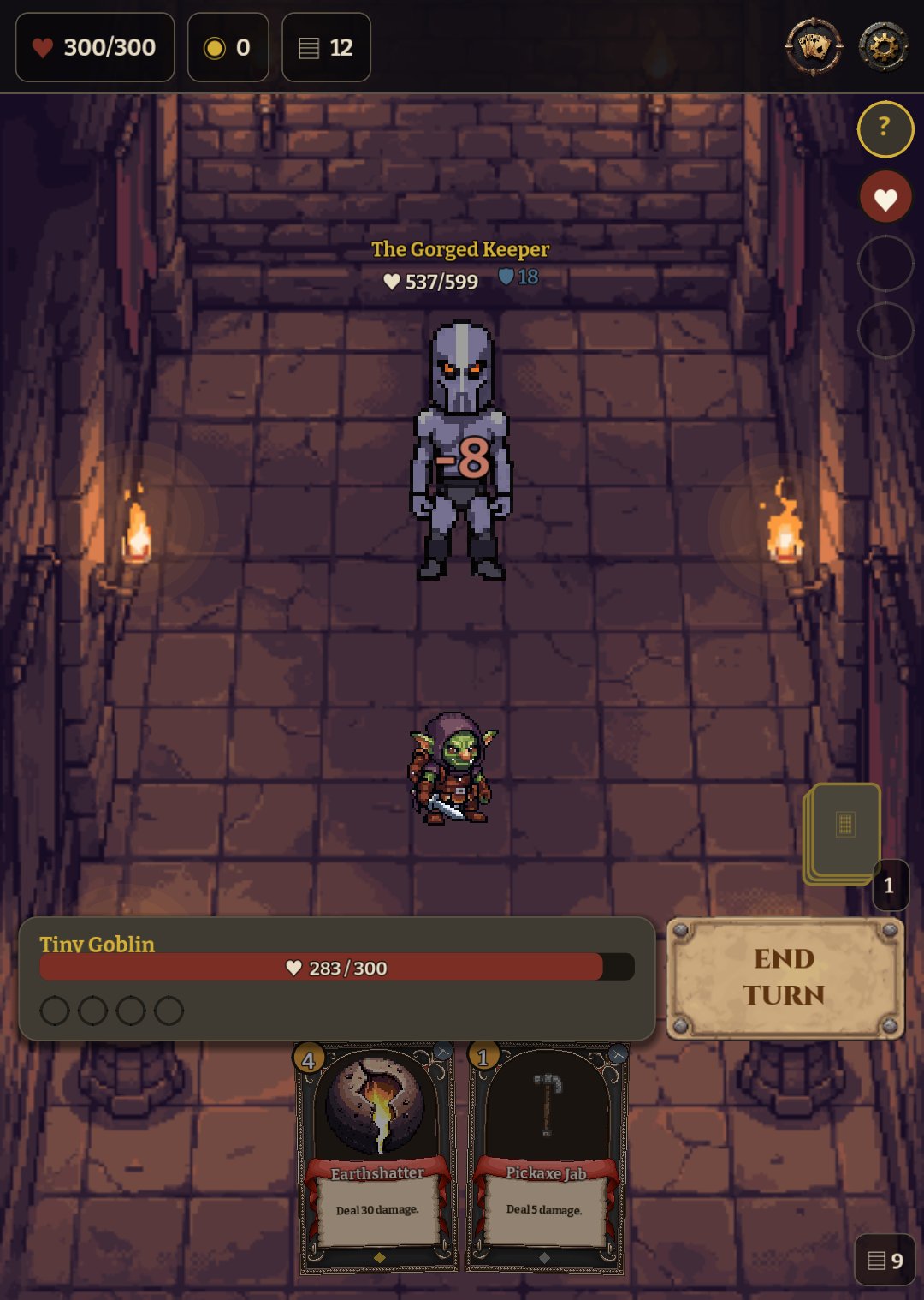 Tower Trials combat: Nibs the goblin faces The Gorged Keeper, an armored knight, in a torch-lit dungeon corridor. A Miner hand of pickaxe attack cards sits at the bottom.