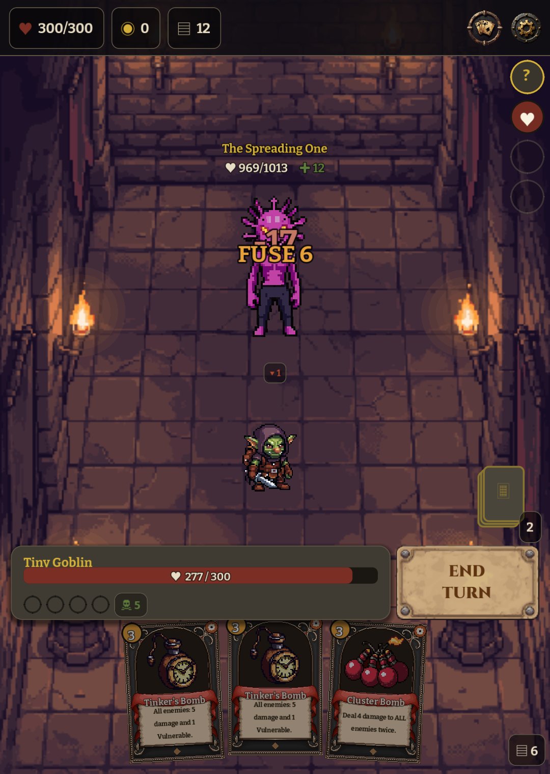 Tower Trials combat: a Tinker turn against The Spreading One, a pink creature with a FUSE 6 bomb counter over it. Bomb and gadget cards in hand.