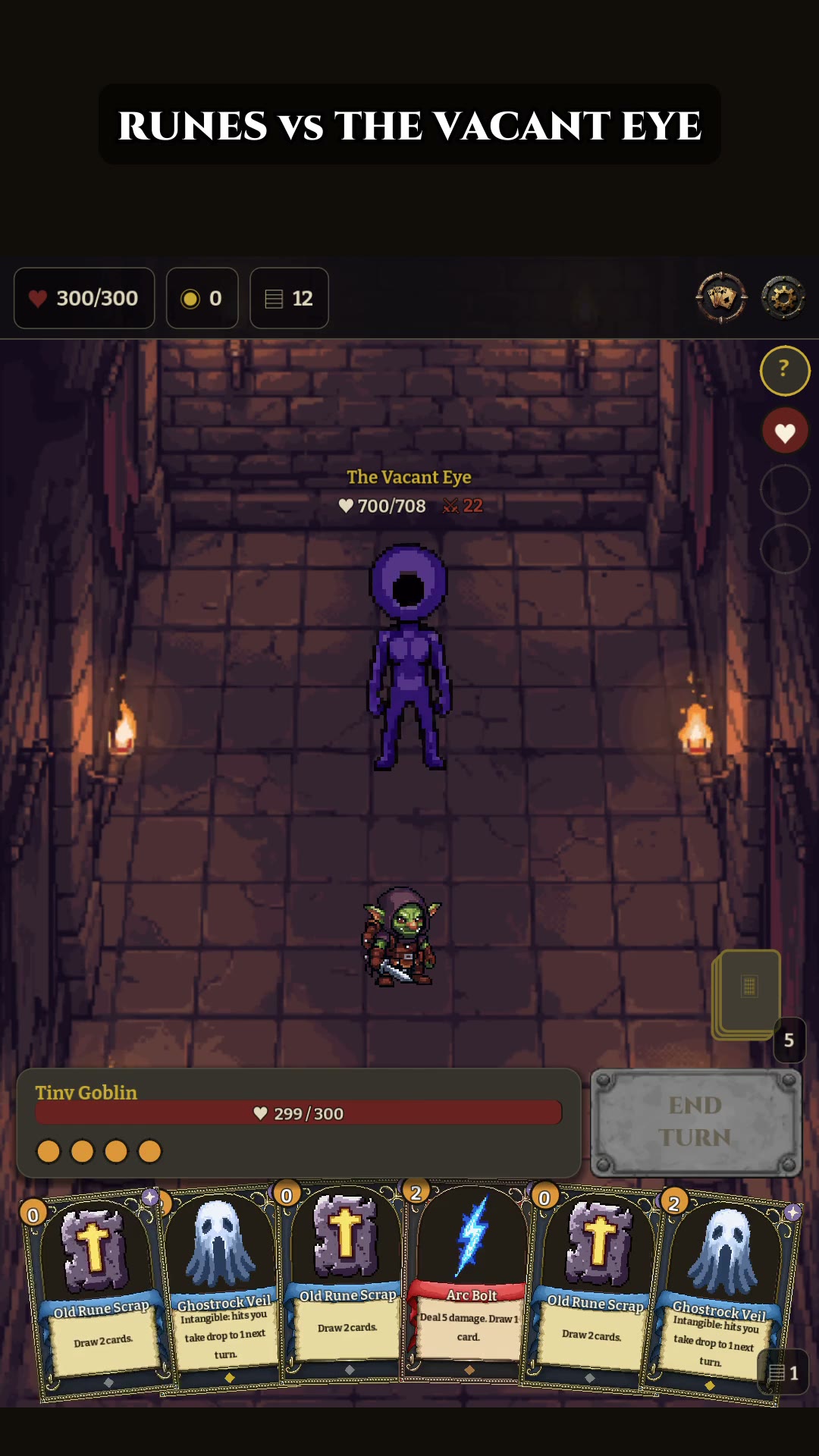 Runes vs The Vacant Eye: a purple one-eyed boss faces Nibs; a hand of glowing rune and ghost cards.