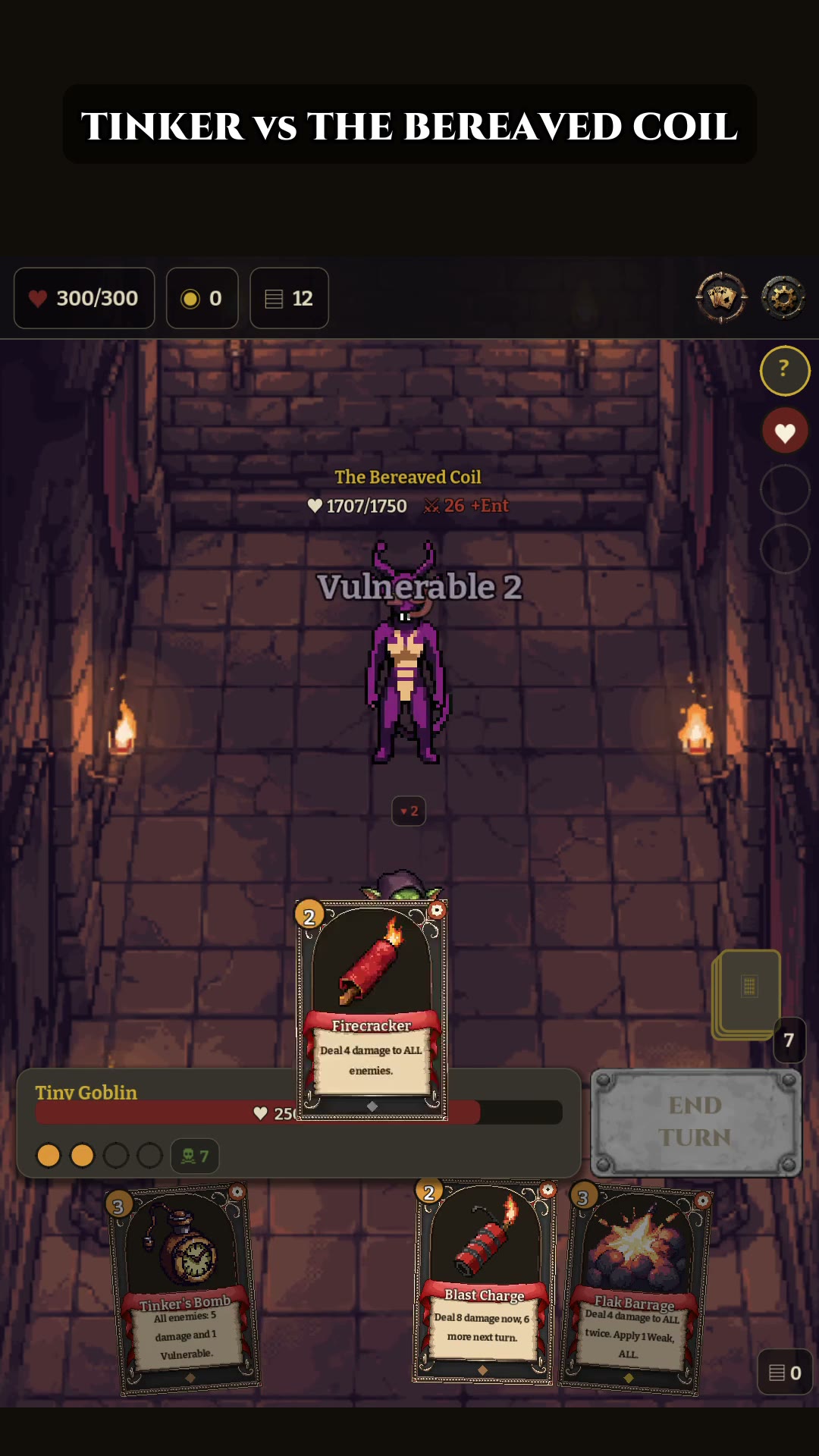 Tinker vs The Bereaved Coil: a dynamite card flies at a serpent boss marked Vulnerable 2.