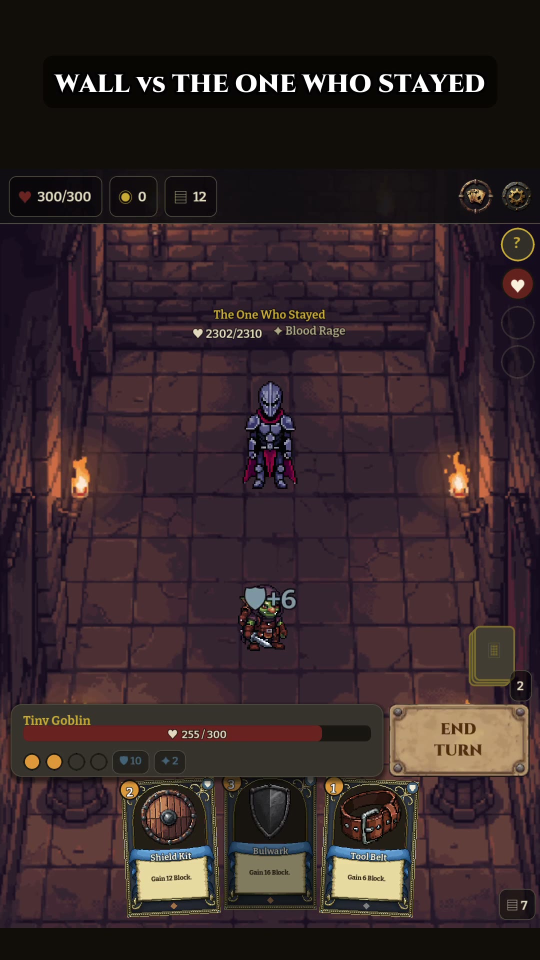 Wall vs The One Who Stayed: the goblin blocks a hit from a hooded boss, shields up.
