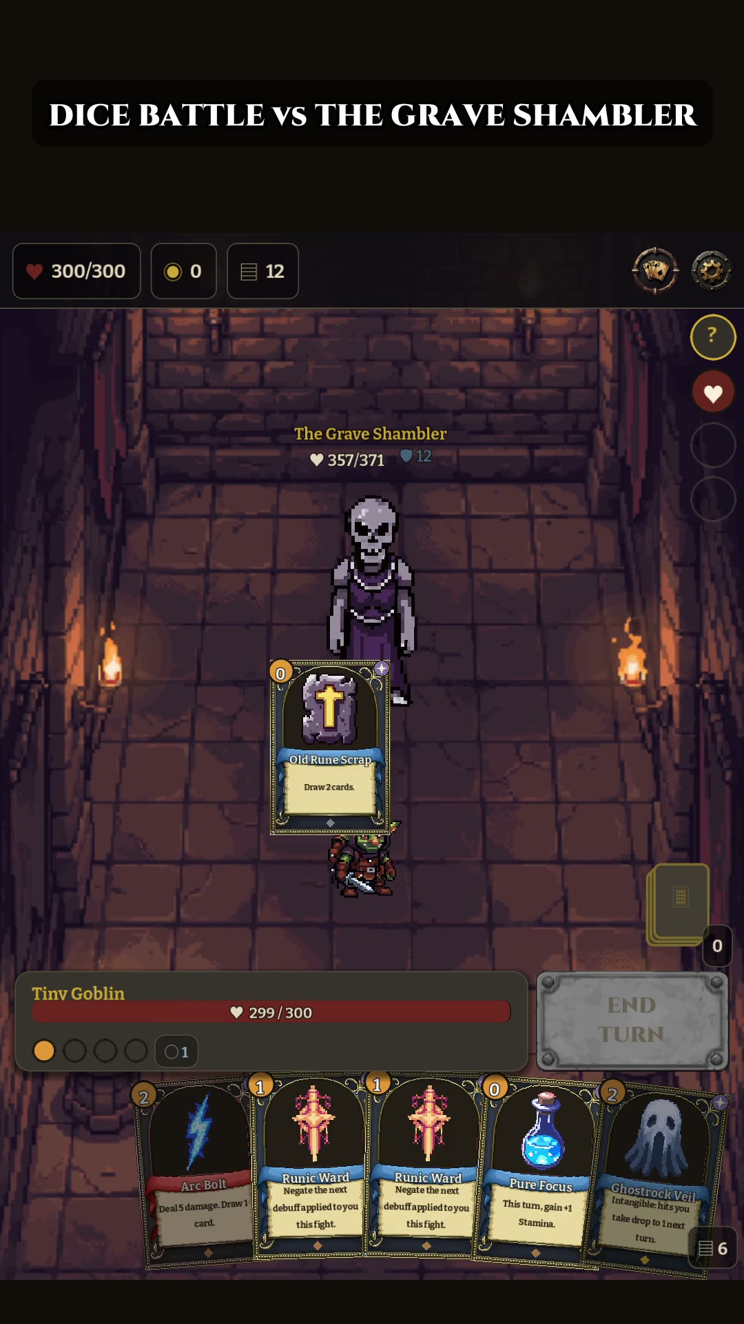 A Dice Battle against The Grave Shambler, a skeleton: a die-themed card is played from a hand of five.
